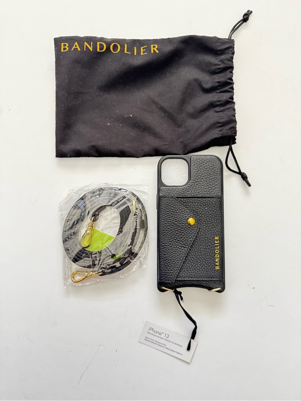 NWT Bandolier Black Leather Crossbody iPhone 13 Case with Strap